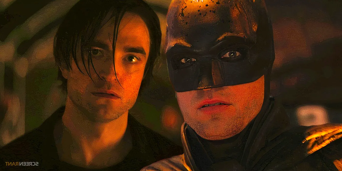 Robert Pattinson's Batman and Bruce Wayne looking shocked in The Batman Image