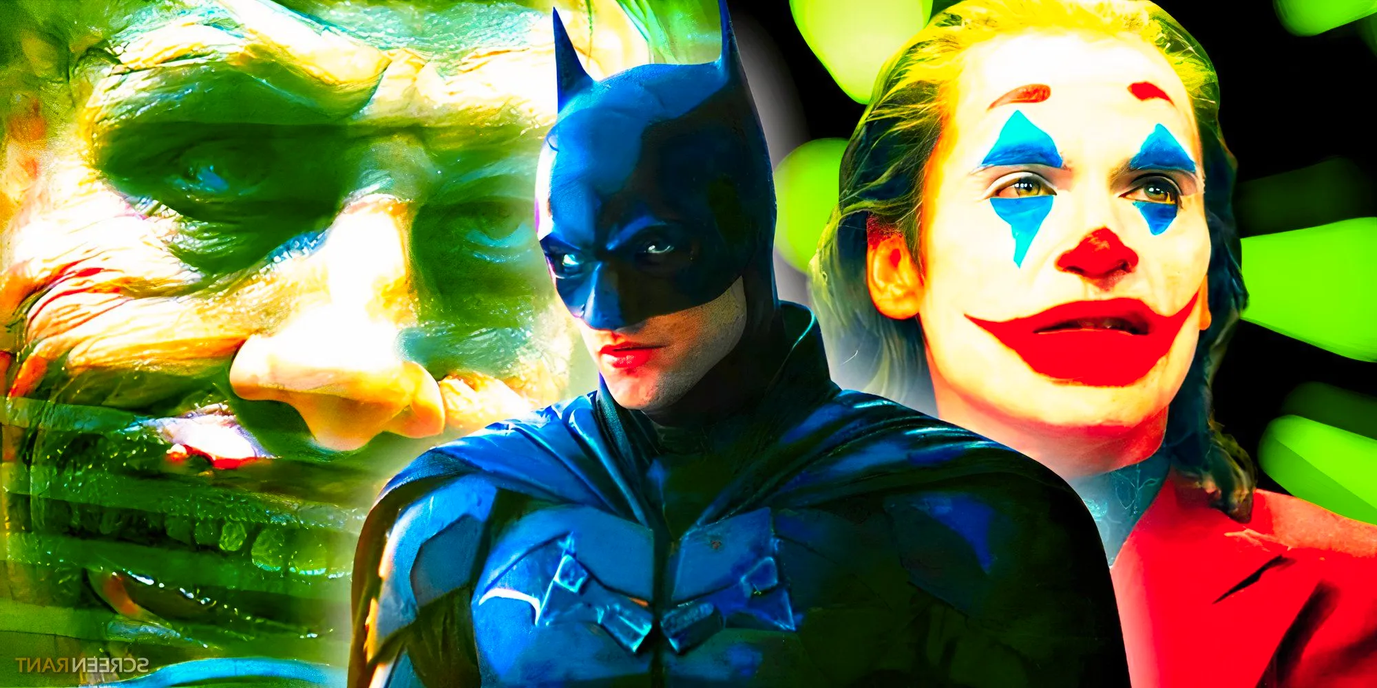 Robert Pattinson's Batman in the middle and Barry Keoghan & Joaquin Phoenix's versions of the Joker on each side Image