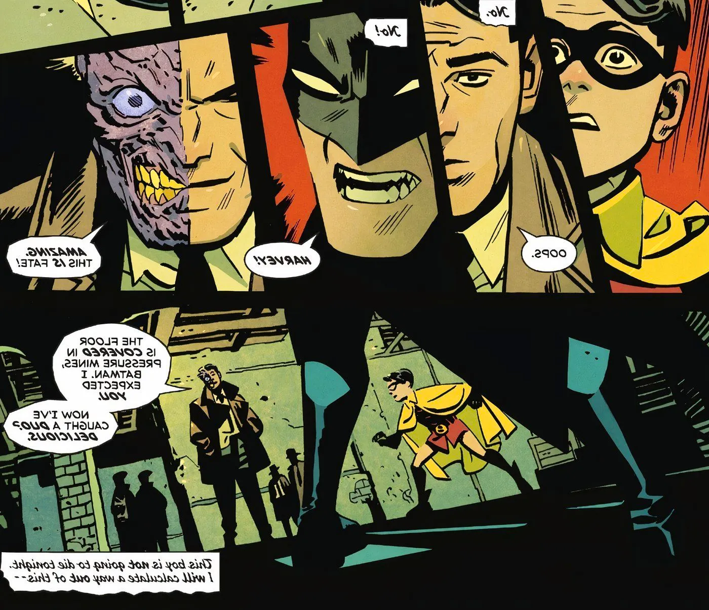 Robin & Batman step on pressure mines as Two-Face greets them; Batman says, 