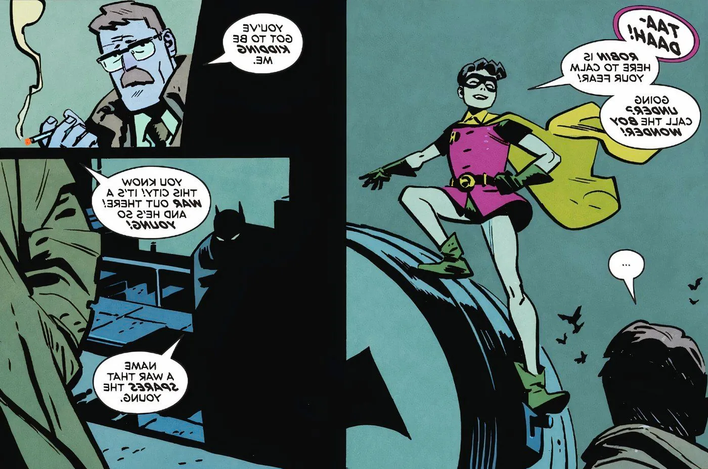 Robin stands on the Bat Signal; Gordon questions Batman about bringing someone so young to a war. Image