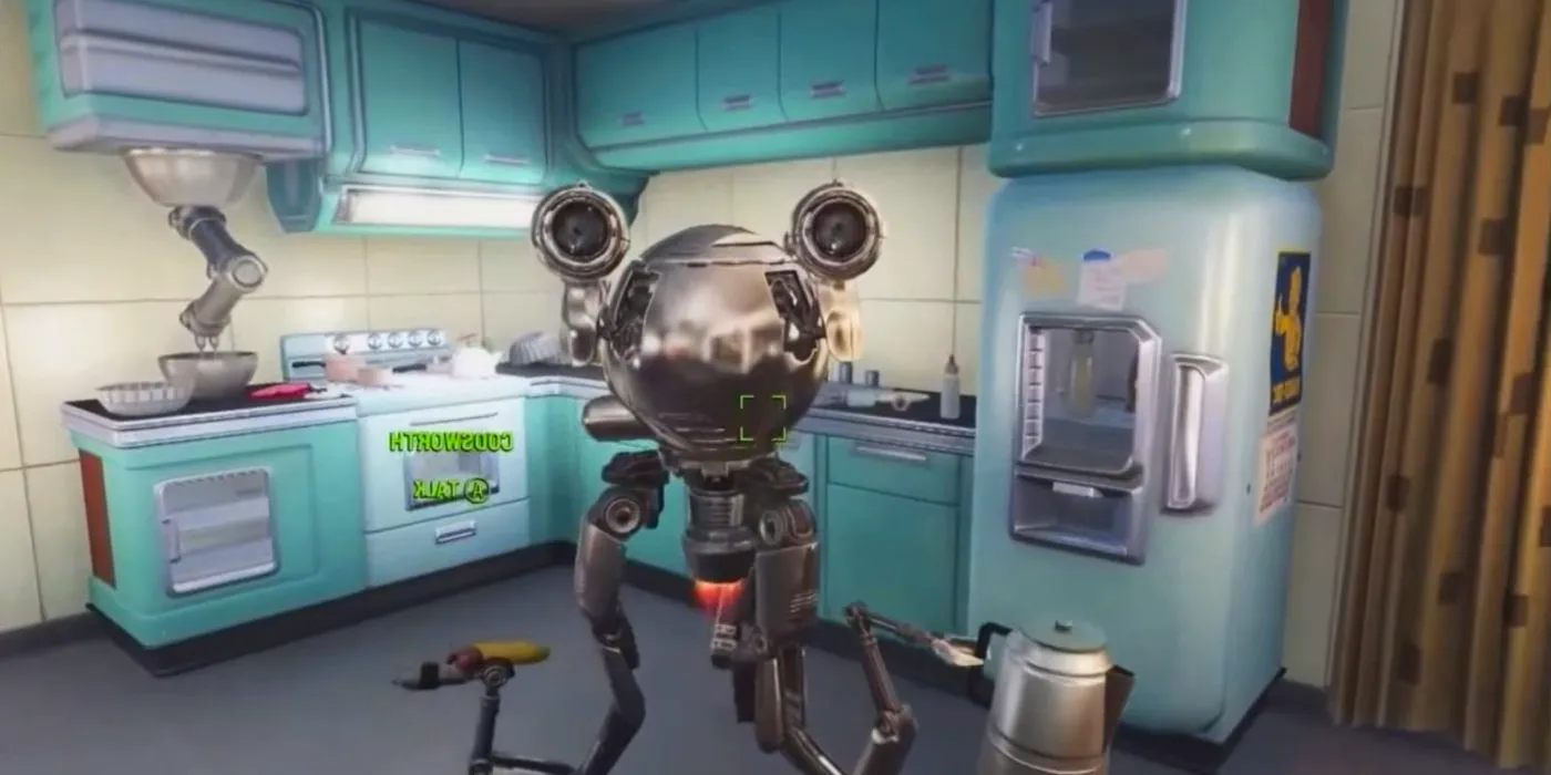 Robot companion Codsworth in a kitchen in Fallout 4. Image