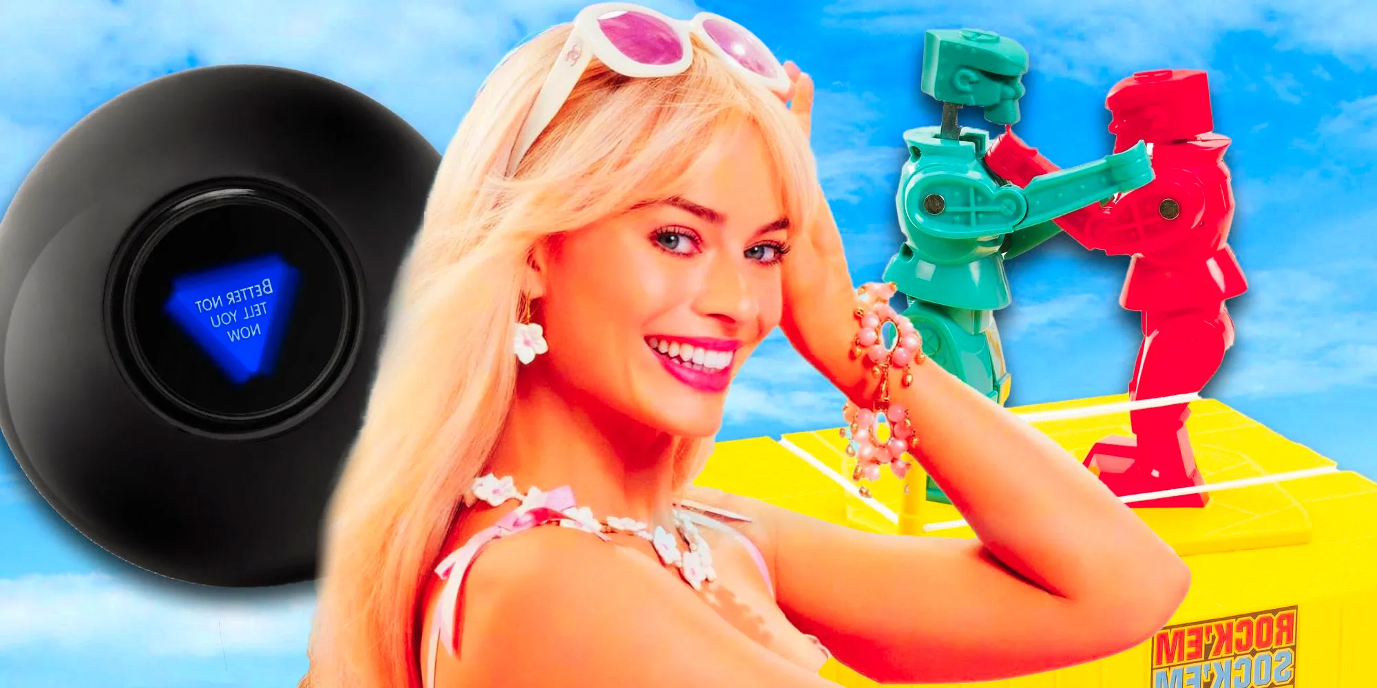 Rock 'Em Sock 'Em Robots and a Magic 8-Ball behind Margot Robbie's Barbie Image