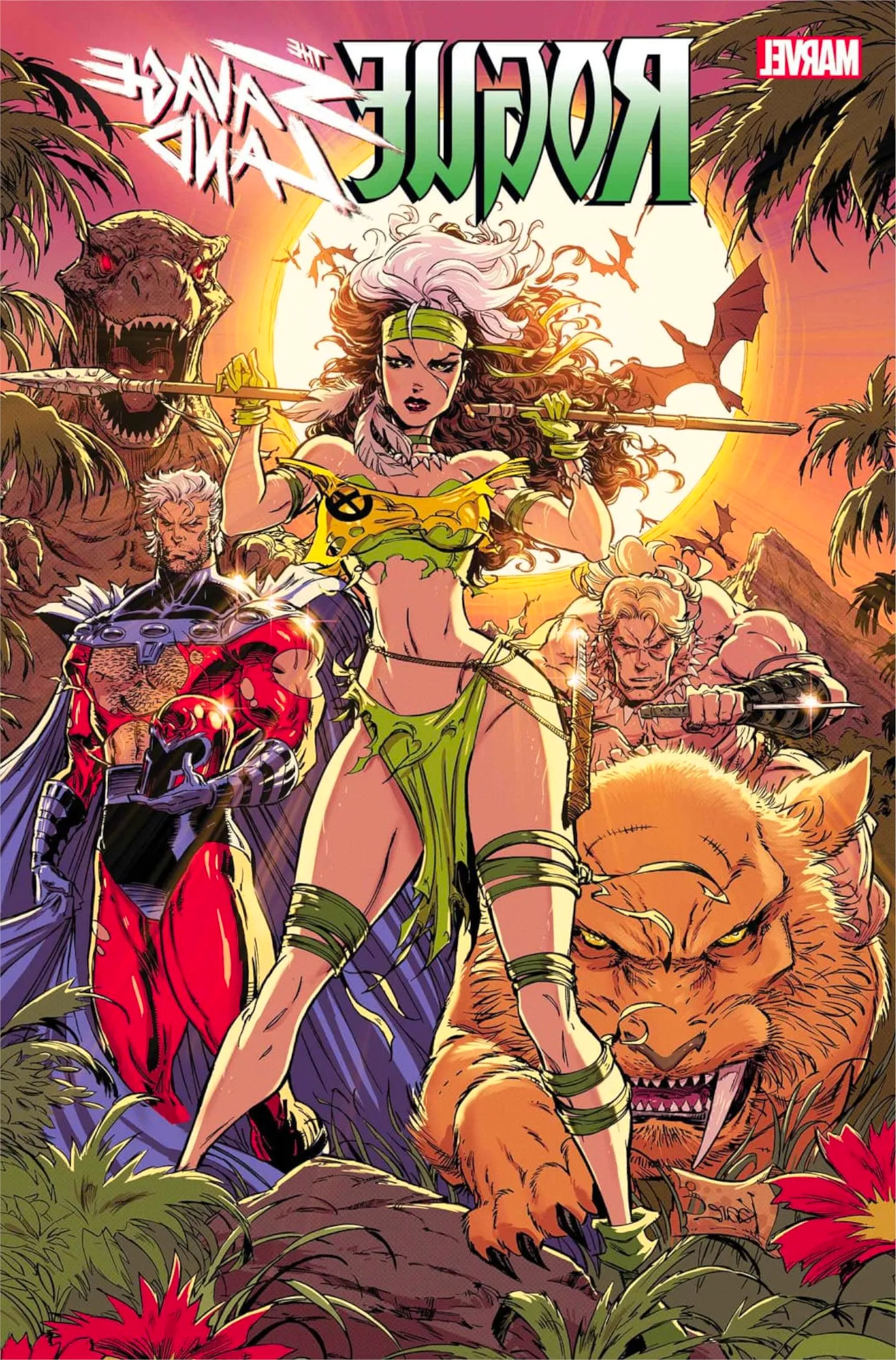 Rogue The Savage Land #1 Cover Rogue stands with a spear with Magneto amongst the dinosaurs of the Savage Land Image