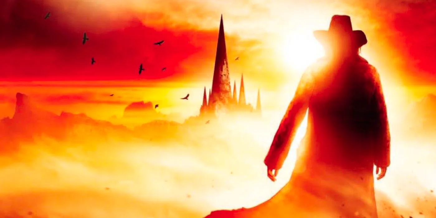 Roland faces the tower in the distance with red fog and birds in an illustration fromThe Dark Tower comic book Image