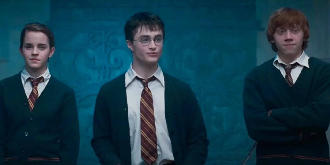 Ron, Harry, and Hermione leading Dumbledore's Army in Harry and the Order of the Phoenix Image