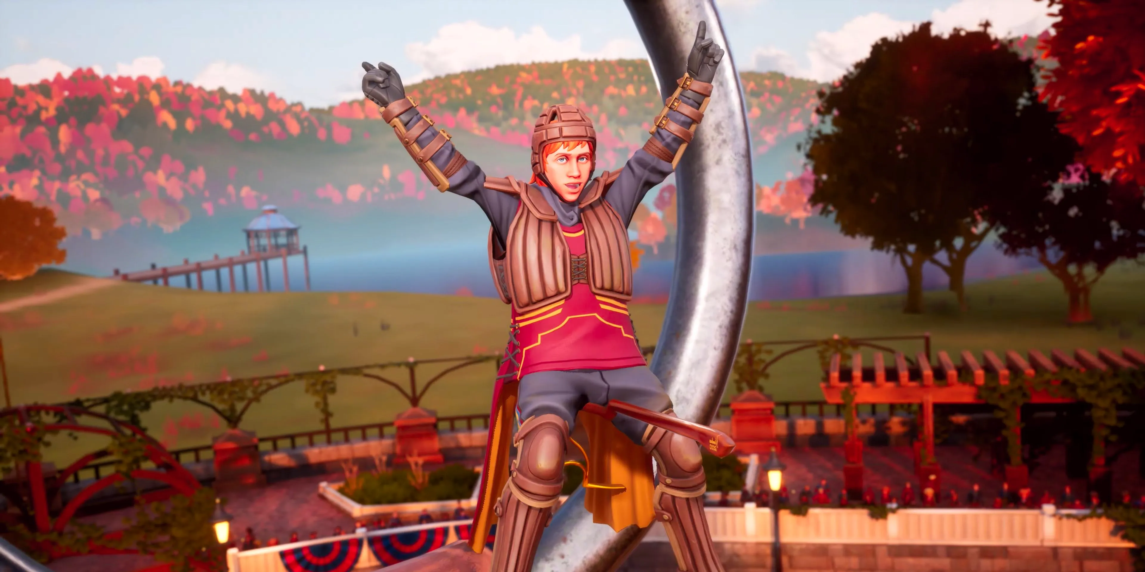 Ron Weasley celebrating in front of one of the goalposts in Harry Potter: Quidditch Champions. Image