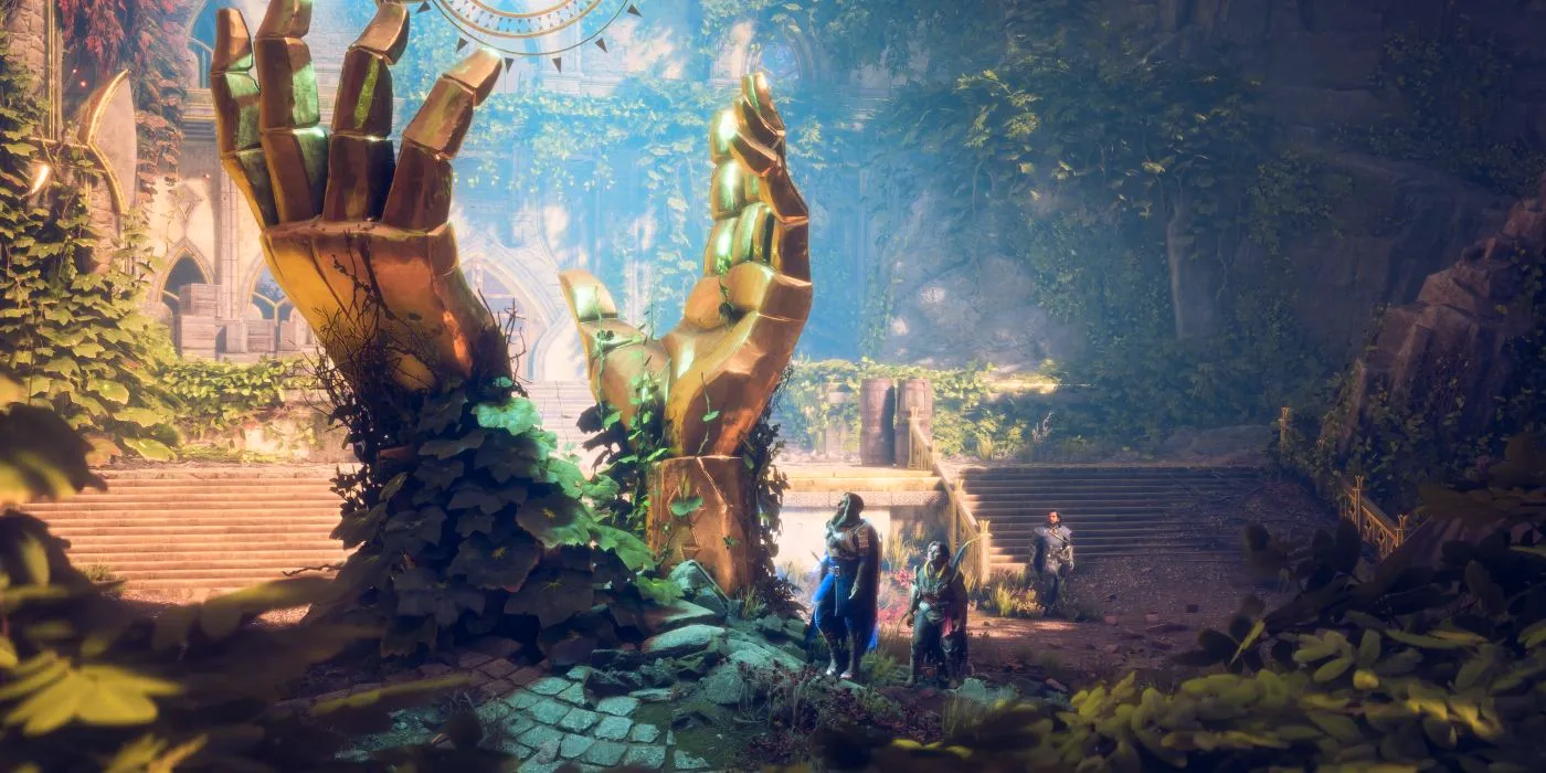 Rook, Harding and Lucanis Approach A Massive Metal Mechanism in The Forest That Looks Like Hands Reaching From The Ground in Dragon Age The Veilguard Image