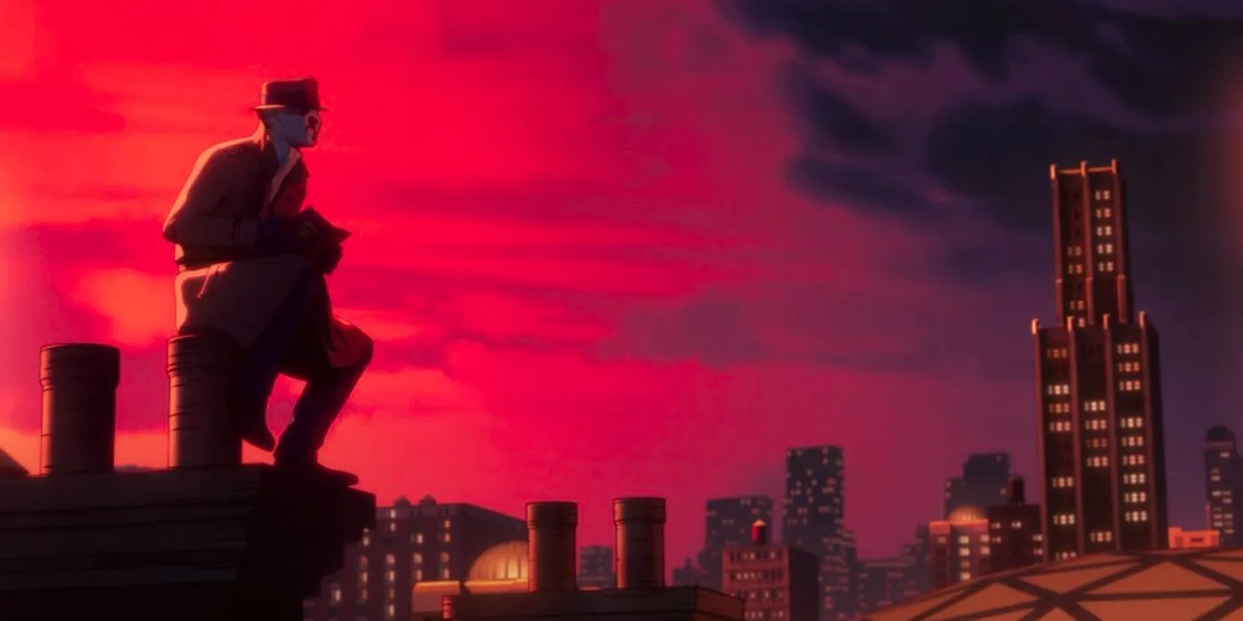 Rorsharch sat in front of a city in the Watchmen animated movie trailer Image