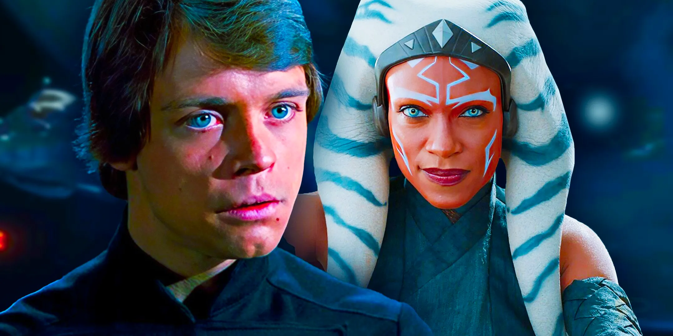 Rosario Dawosn as Ahsoka Tano to the left and Luke Skywalker in Return of the Jedi to the right Image