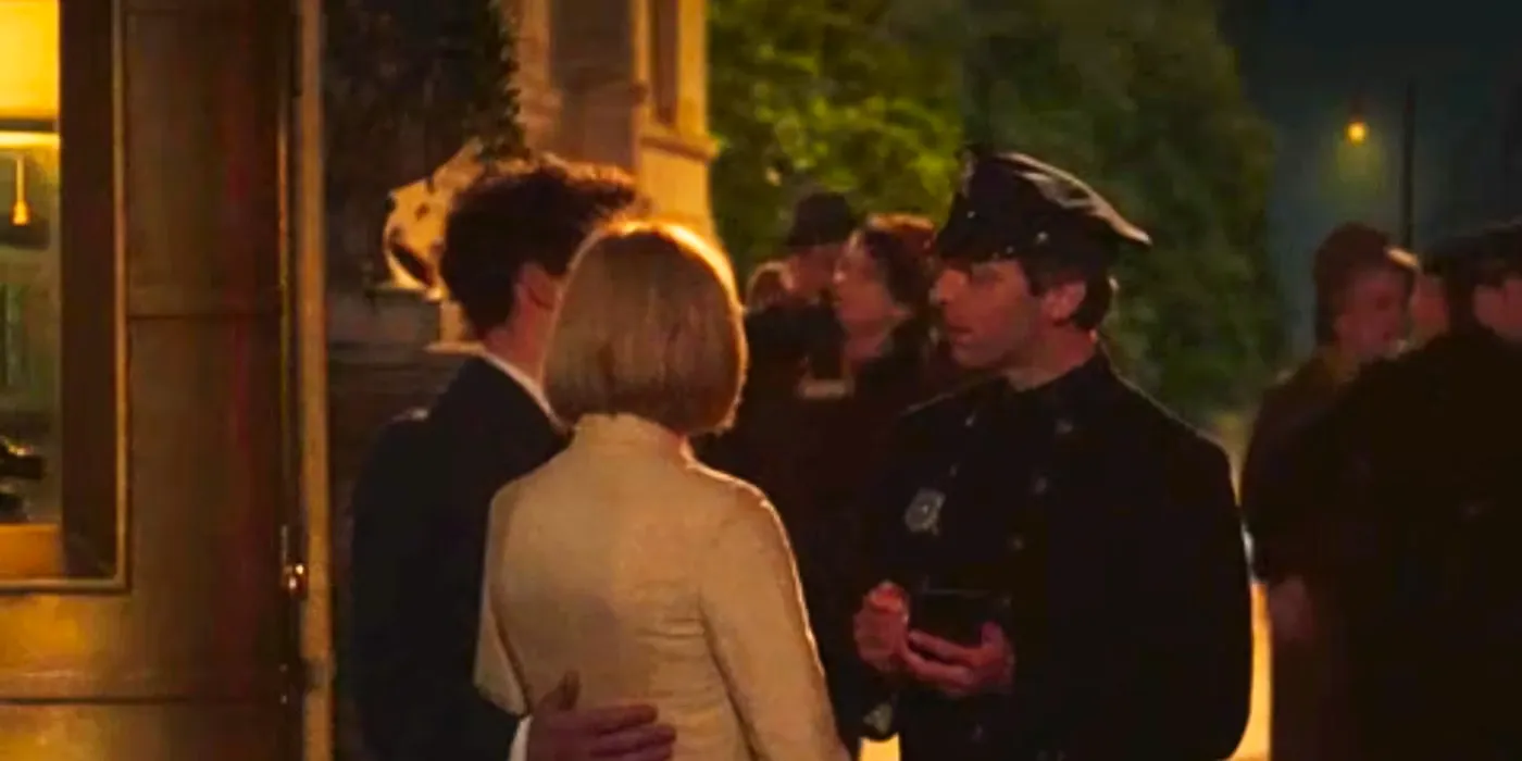 Rosemary and Guy Woodhouse speaking to a police officer in Apartment 7A's ending Image