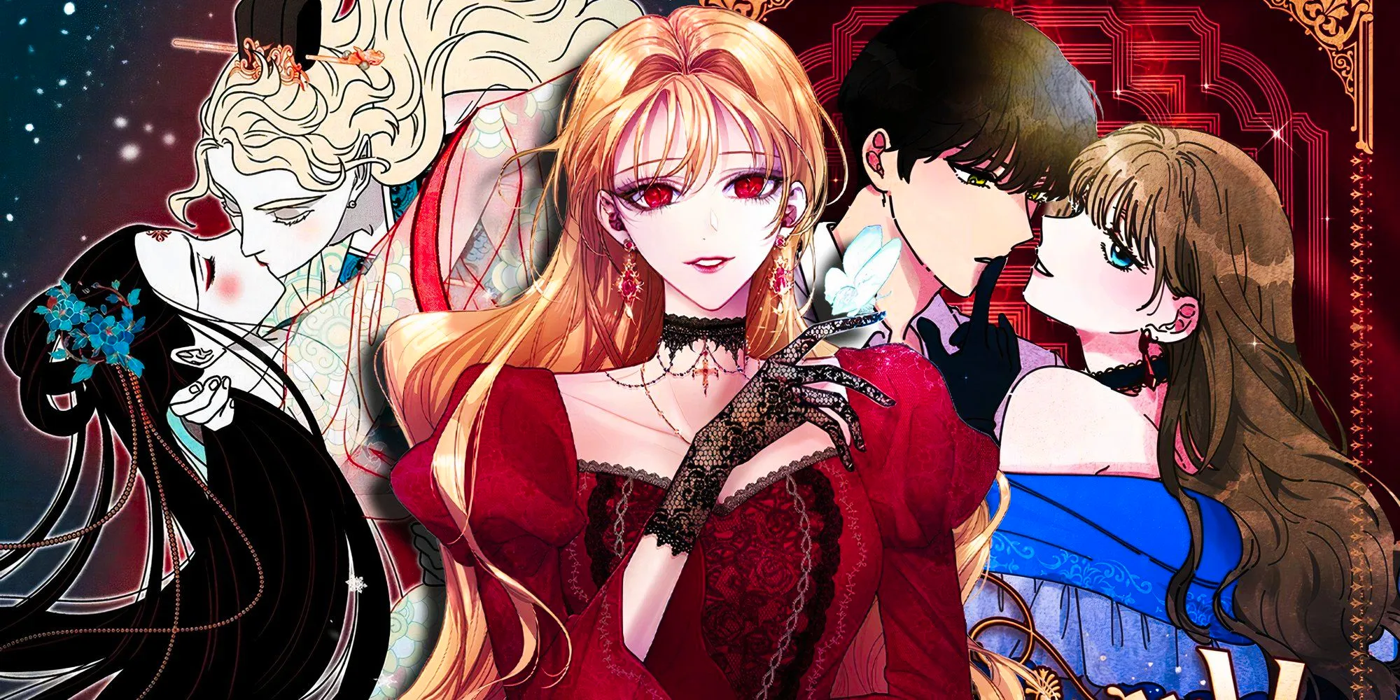 Roxana agriche from the manhwa roxana in the center with the characters from Villainess in love to the left and the characters from concubine walkthrough to the right in the background-1 Image