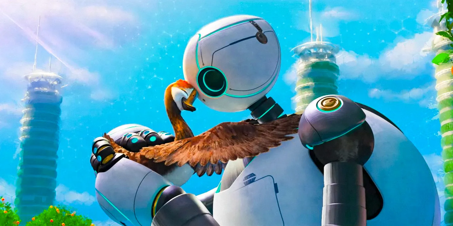 Roz the robot and a goose tenderly touching foreheads in The Wild Robot Image