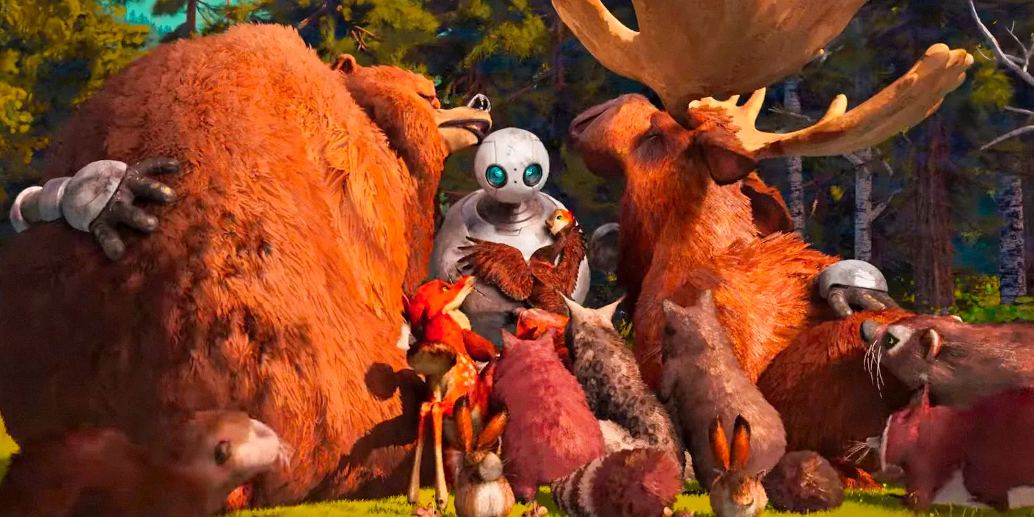 Roz the robot surrounded by the animals of the forest in The Wild Robot Image