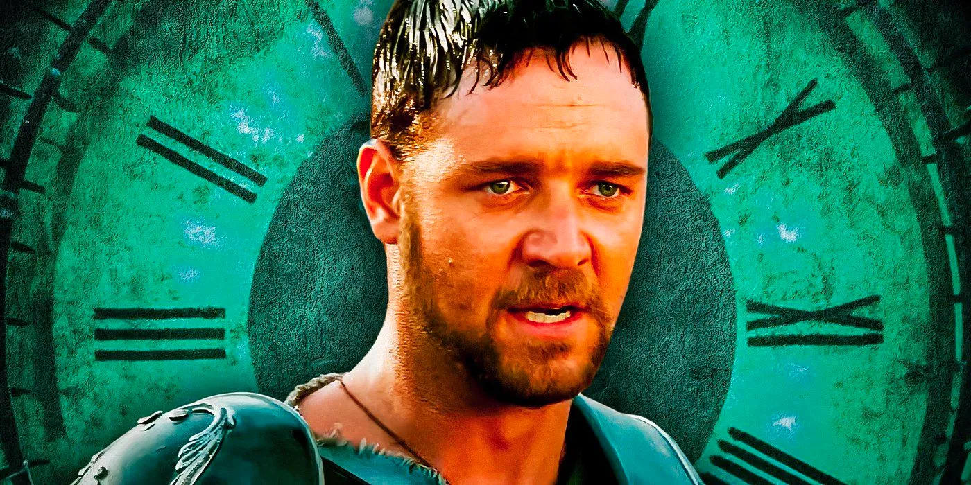 Russell Crowe as Maximus from Gladiator in front of a clock Image