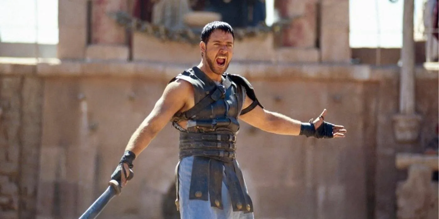 Russell Crowe as Maximus screaming in Gladiator 2000 Image