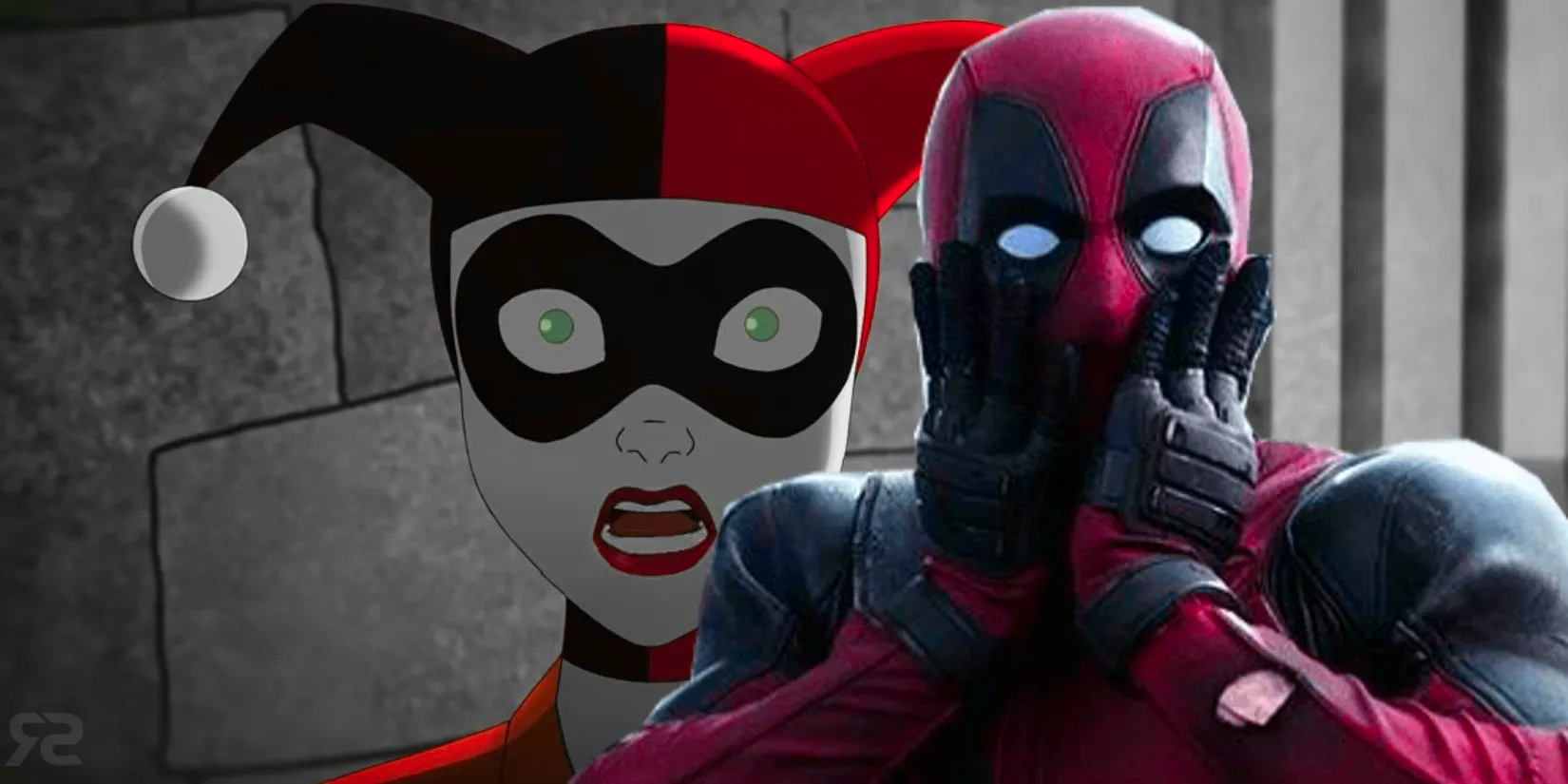 Ryan Reynolds as Deadpool pasted over Harley Quinn in her classic costume from the animated series. Image