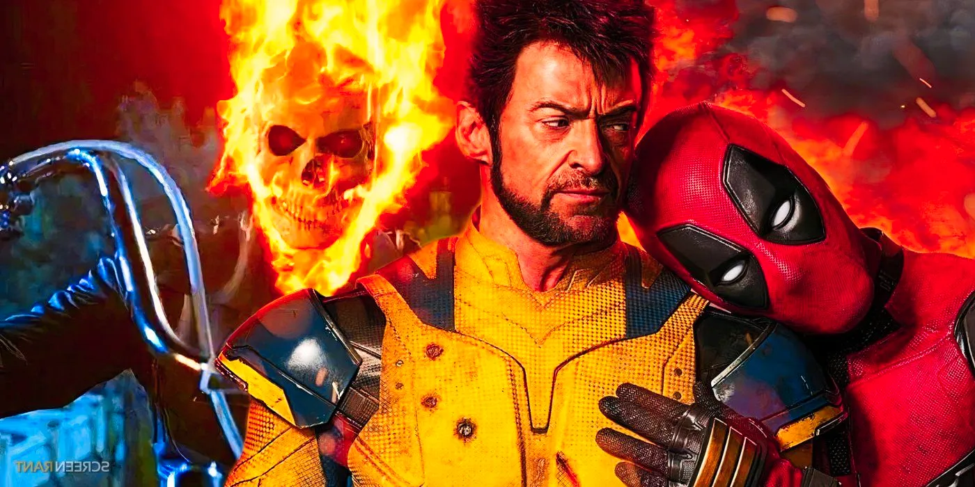 Ryan Reynolds' Deadpool with his head on the shoulder of Hugh Jackman's Wolverine in Deadpool & Wolverine poster and Nicolas Cage's Ghost Rider on his bike Image