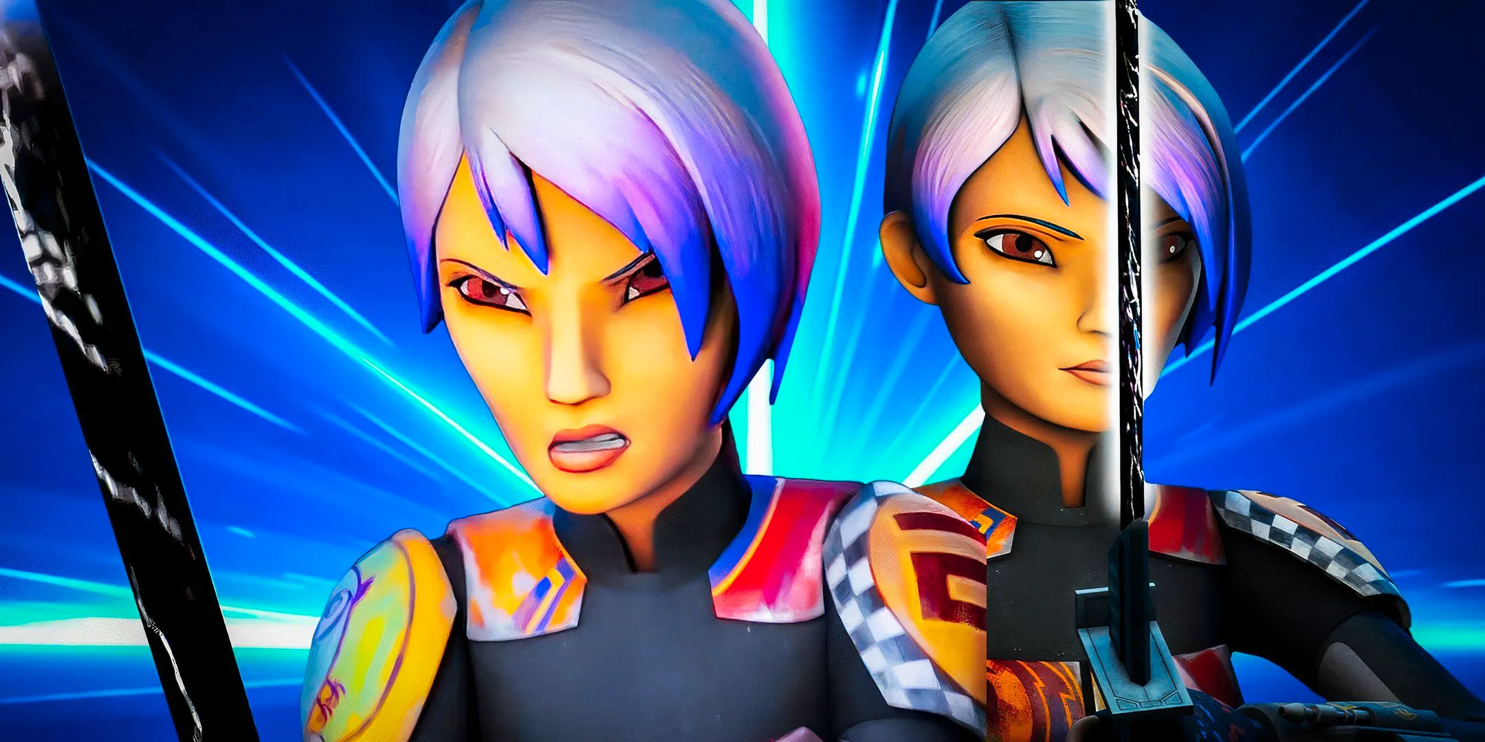 Sabine Wren as depicted in Star Wars Rebels wielding the Darksaber over a blue edited background Image