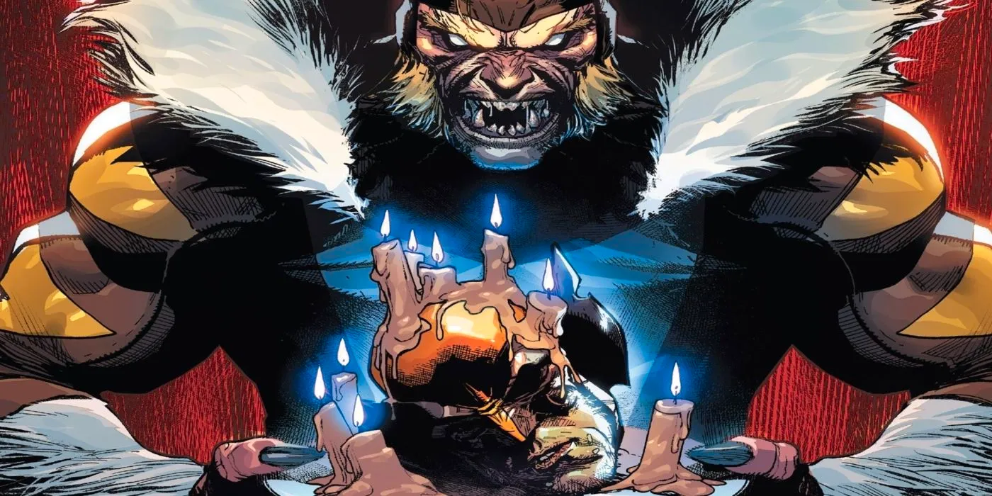 Sabretooth grinning as he holds Wolverine's head on a platter, covered in melted birthday candles. Image