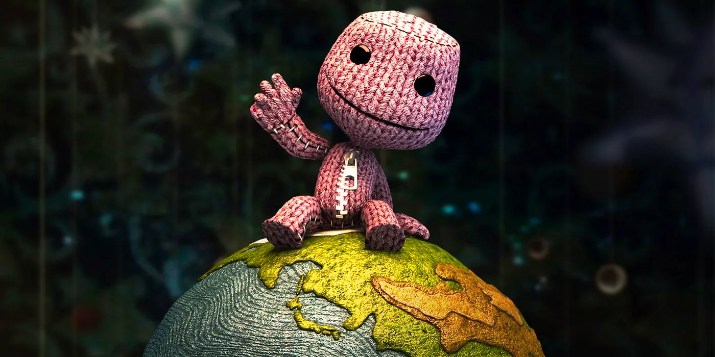 Sackboy from LittleBigPlanet waving while sitting on a globe. Image