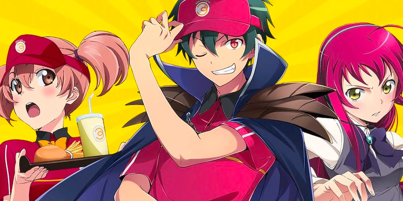 Sadao Maou, Emilia Justina, and Chiho Sasaki posing on the poster of The Devil Is A Part-Timer! Image