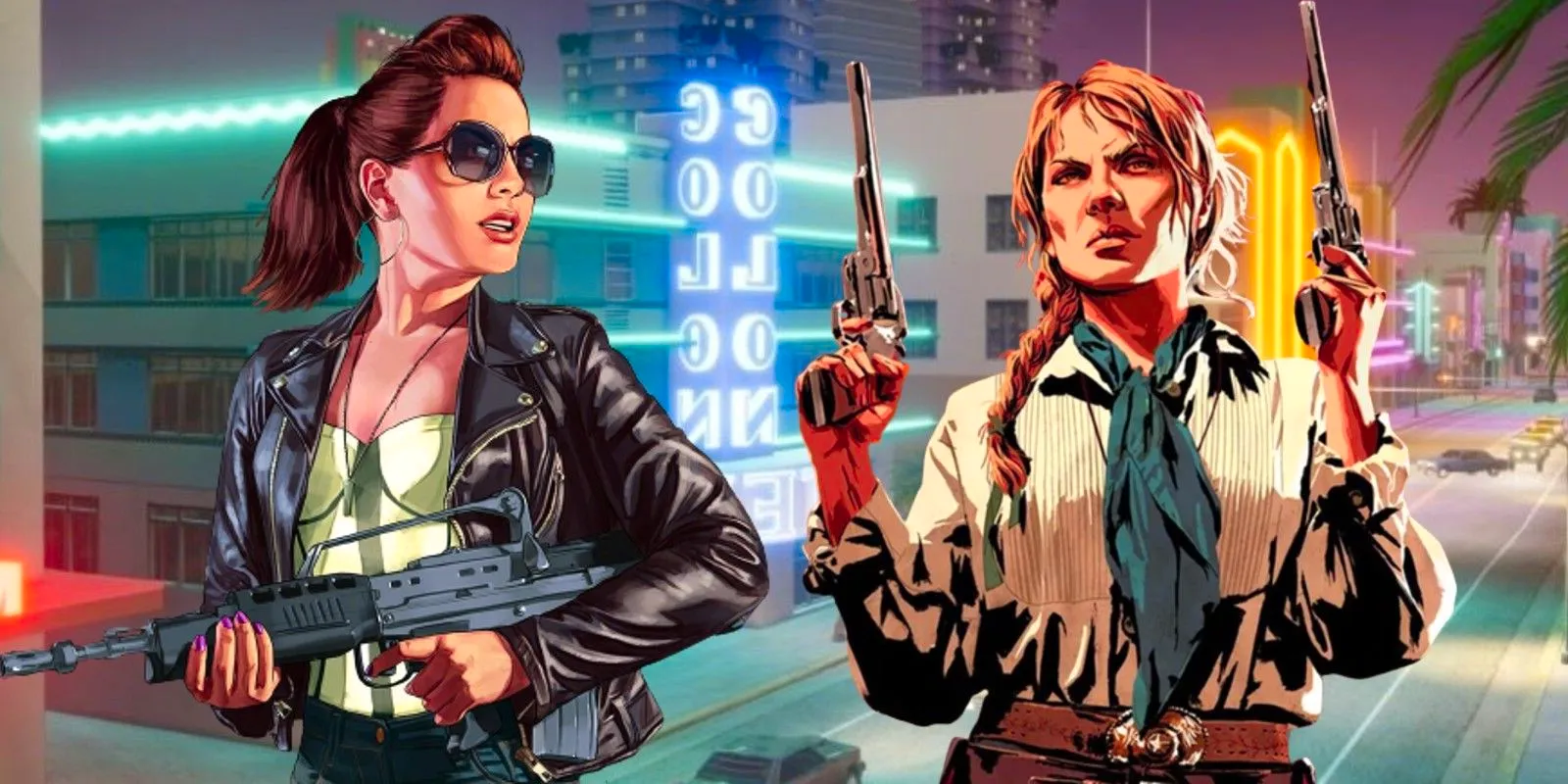 Sadie Adler from Red Dead Redemption 2 and a female GTA Online promotional character in Vice City. Image