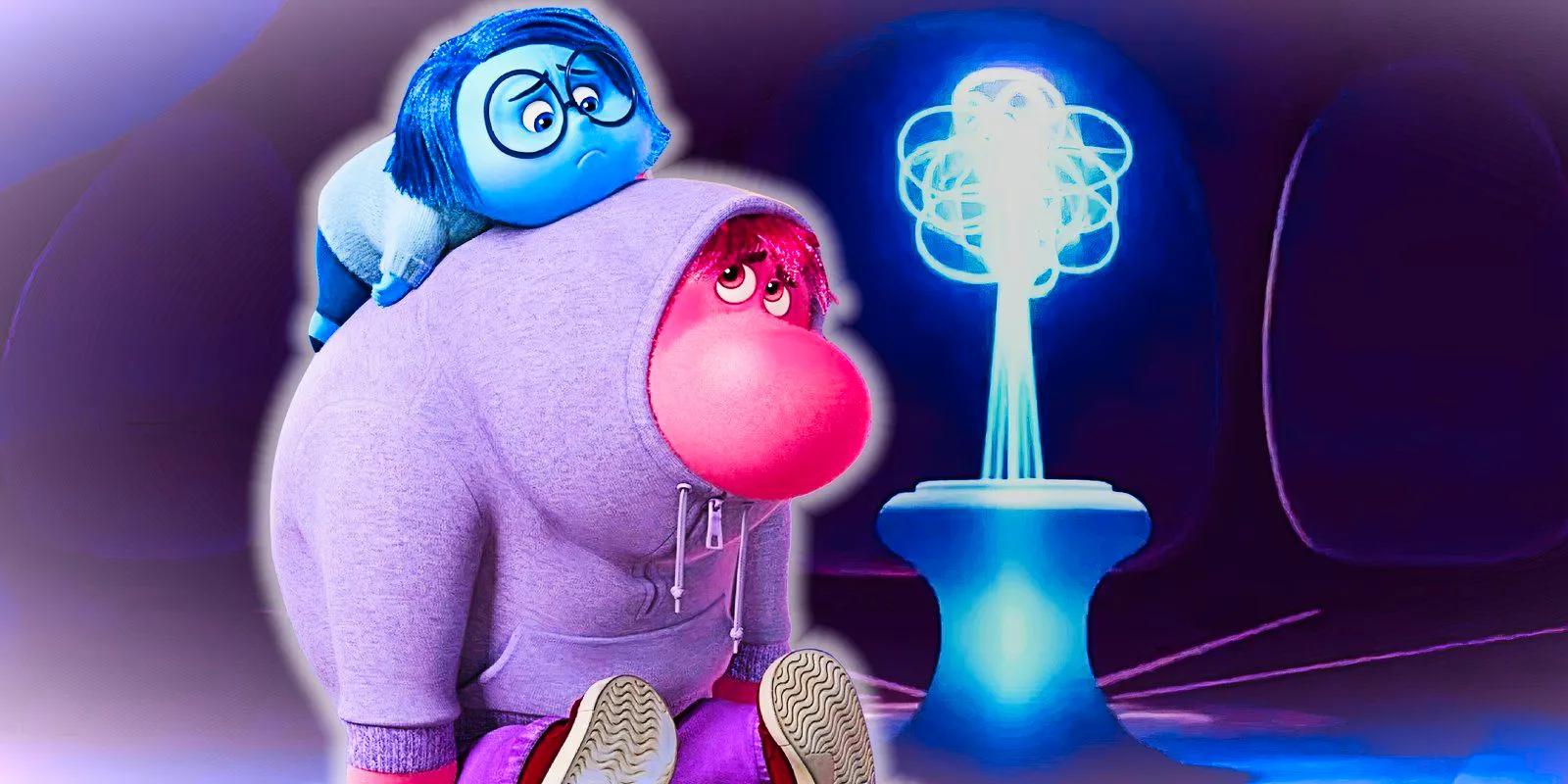 Sadness lays on Embarrassment's back while next to Riley's Sense of Self in Inside Out 2 Image