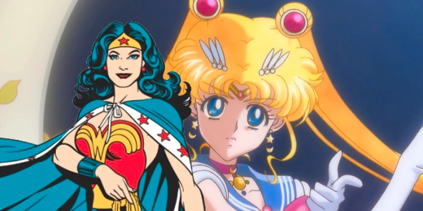 Sailor Moon stands fierce as Wonder Woman smiles in the foreground Image