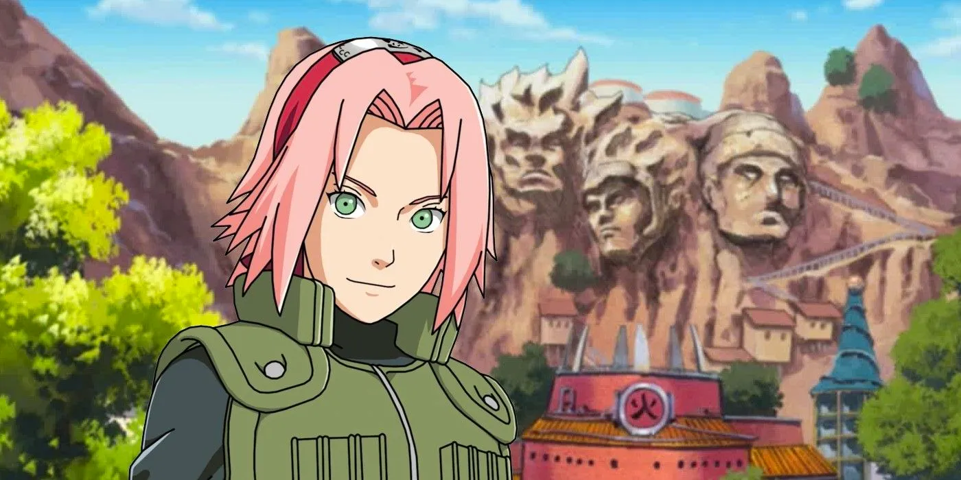 Sakura in front of the Hidden Leaf village's Hokage Rock, the village below. Image