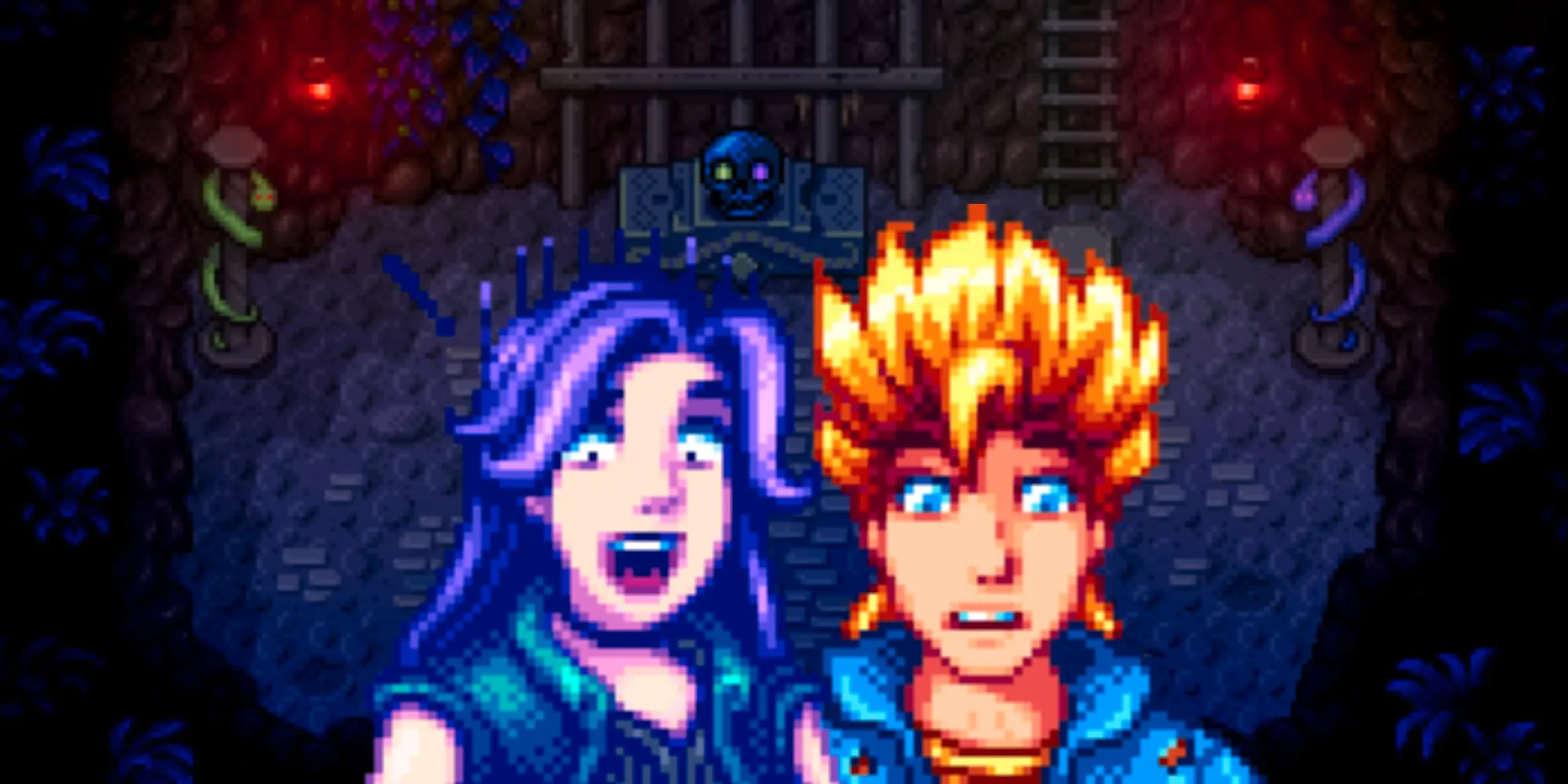 Sam and Abigail looking scared in front of the Shrine of Challenge in Stardew Valley. Image