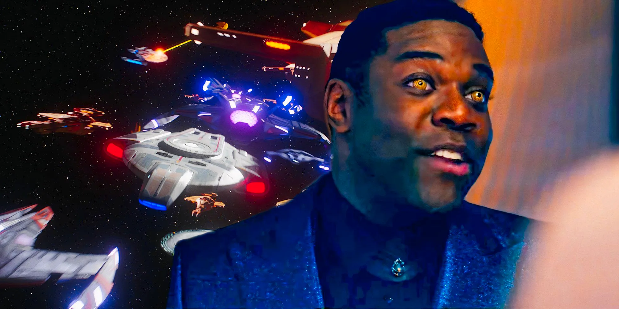 Sam Richardson as a Chameloid in Star Trek Section 31 with DS9s Dominion War raging behind him Image