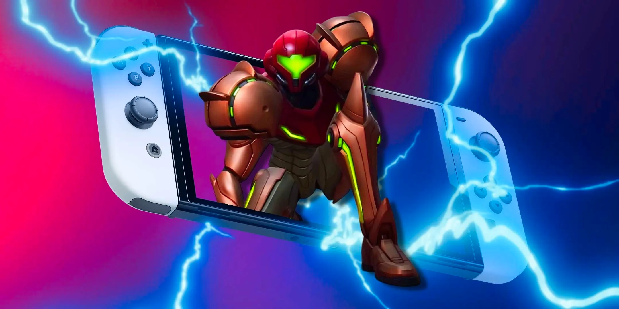 Samus from Metroid Prime 4 coming out of a Nintendo Switch OLED. Image