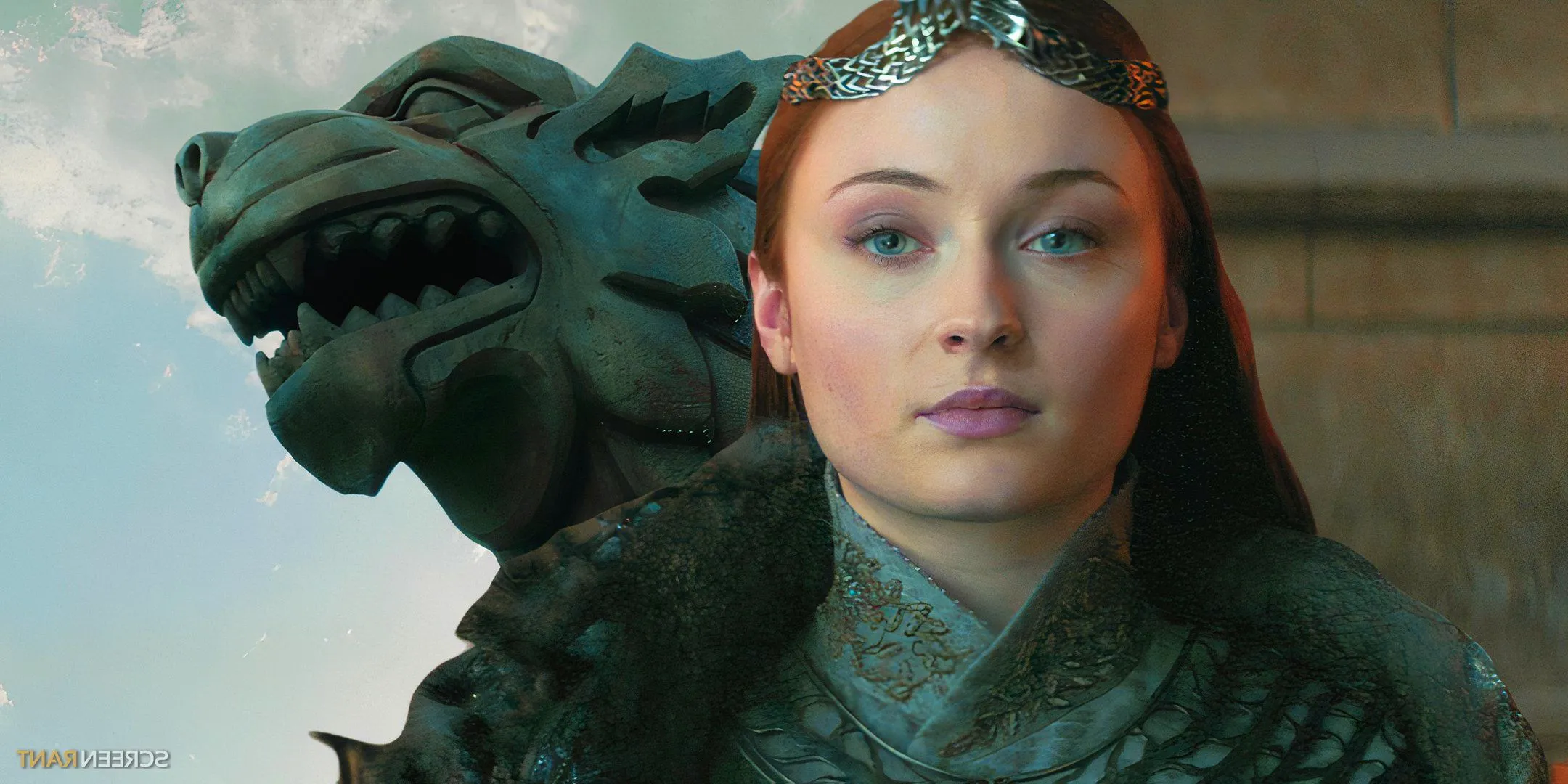 Sansa (Sophie Turner) as Queen in the North in Game of Thrones season 8 and a Stark direwolf statue on a ship Image