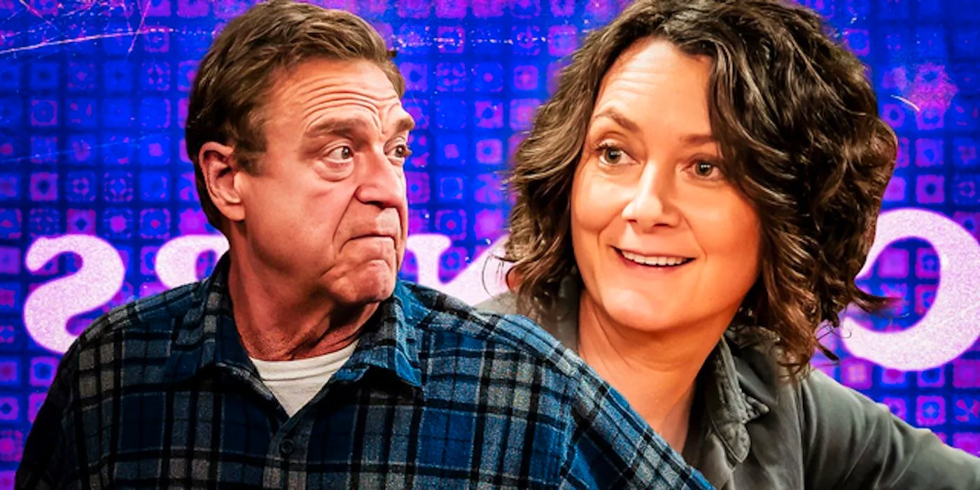 Sara Gilbert's Darlene and John Goodman's Dan in front of The Conners title card Image