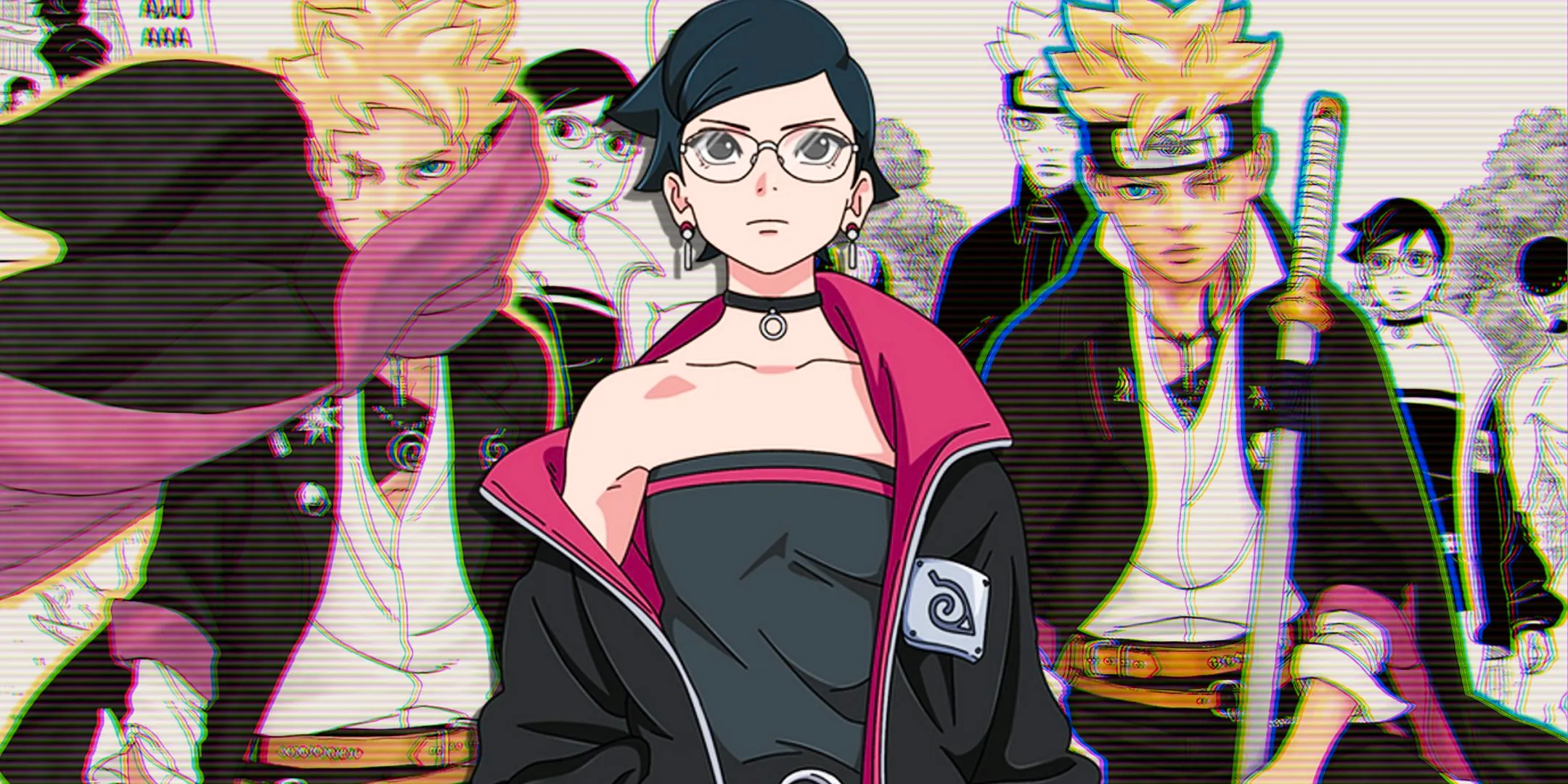 sarada uchiha as seen in boruto two blue vortex in the center with boruto in the background on either side Image