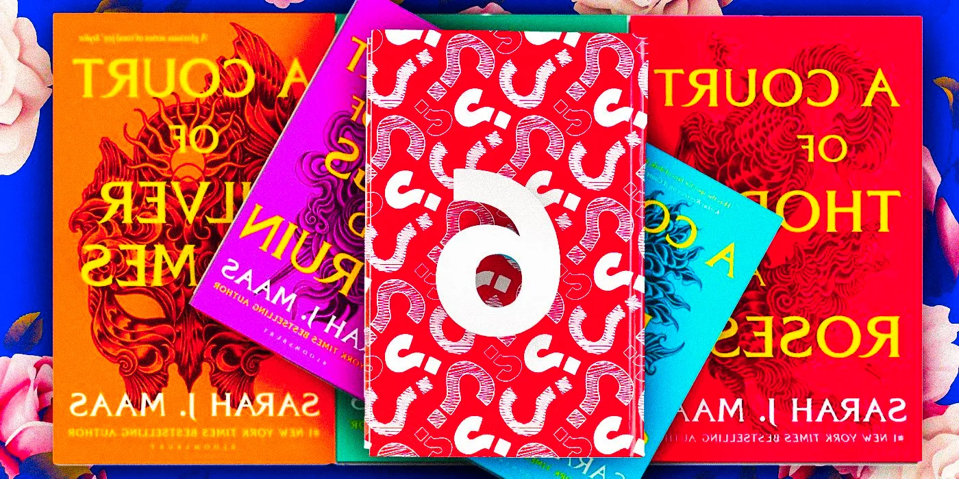 Sarah J. Maas' Court of Thorns & Roses books with a red book covered in question marks and a 6 on it Image