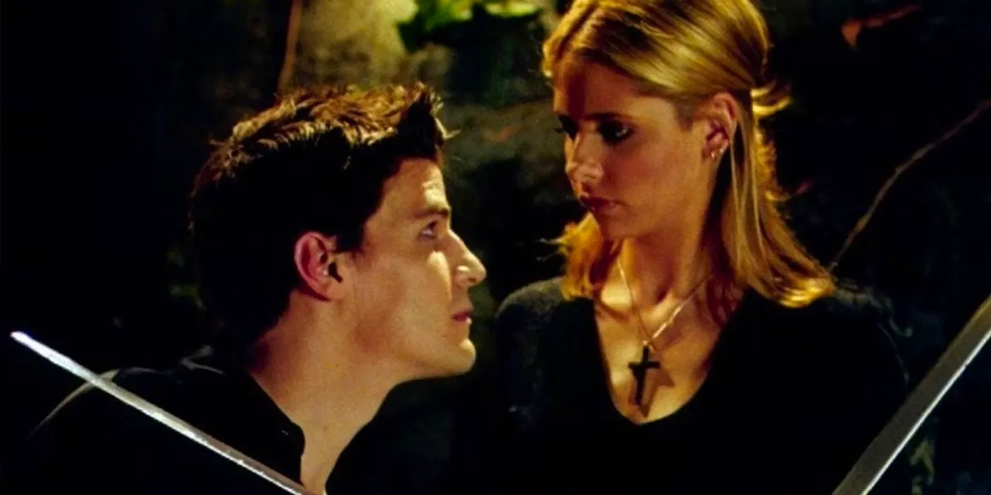 Sarah Michelle Gellar as Buffy and David Boreanaz as Angel looking at one another in Buffy The Vampire Slayer season 2 episode Becoming. Image