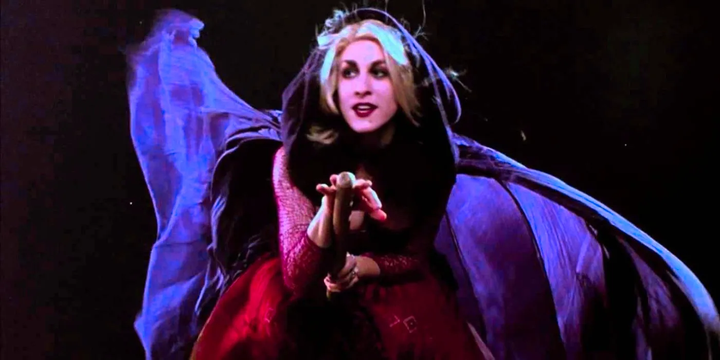 Sarah (Sarah Jessica Parker) flying a broom and singing Come Little Children in Hocus Pocus. Image