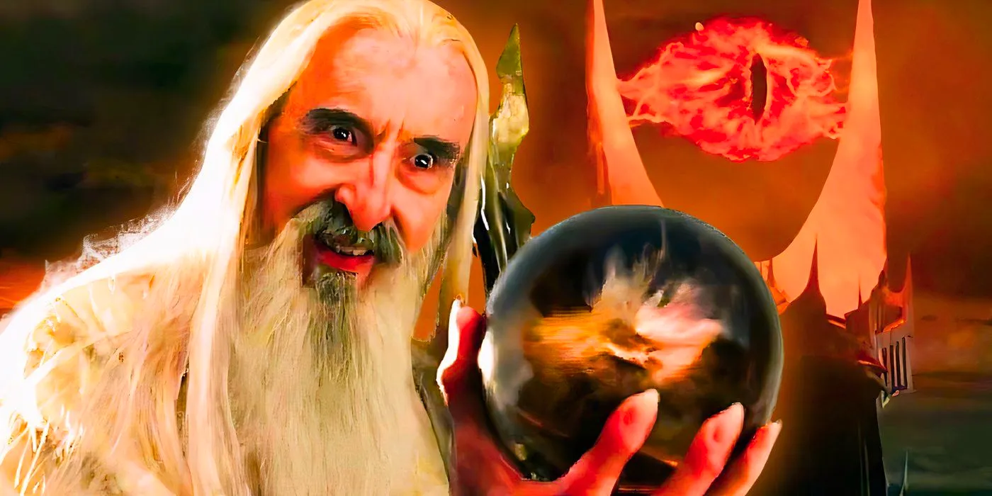 Saruman (Christopher Lee) looking unhinged in The Lord of The Rings with the eye of Sauron behind him Image