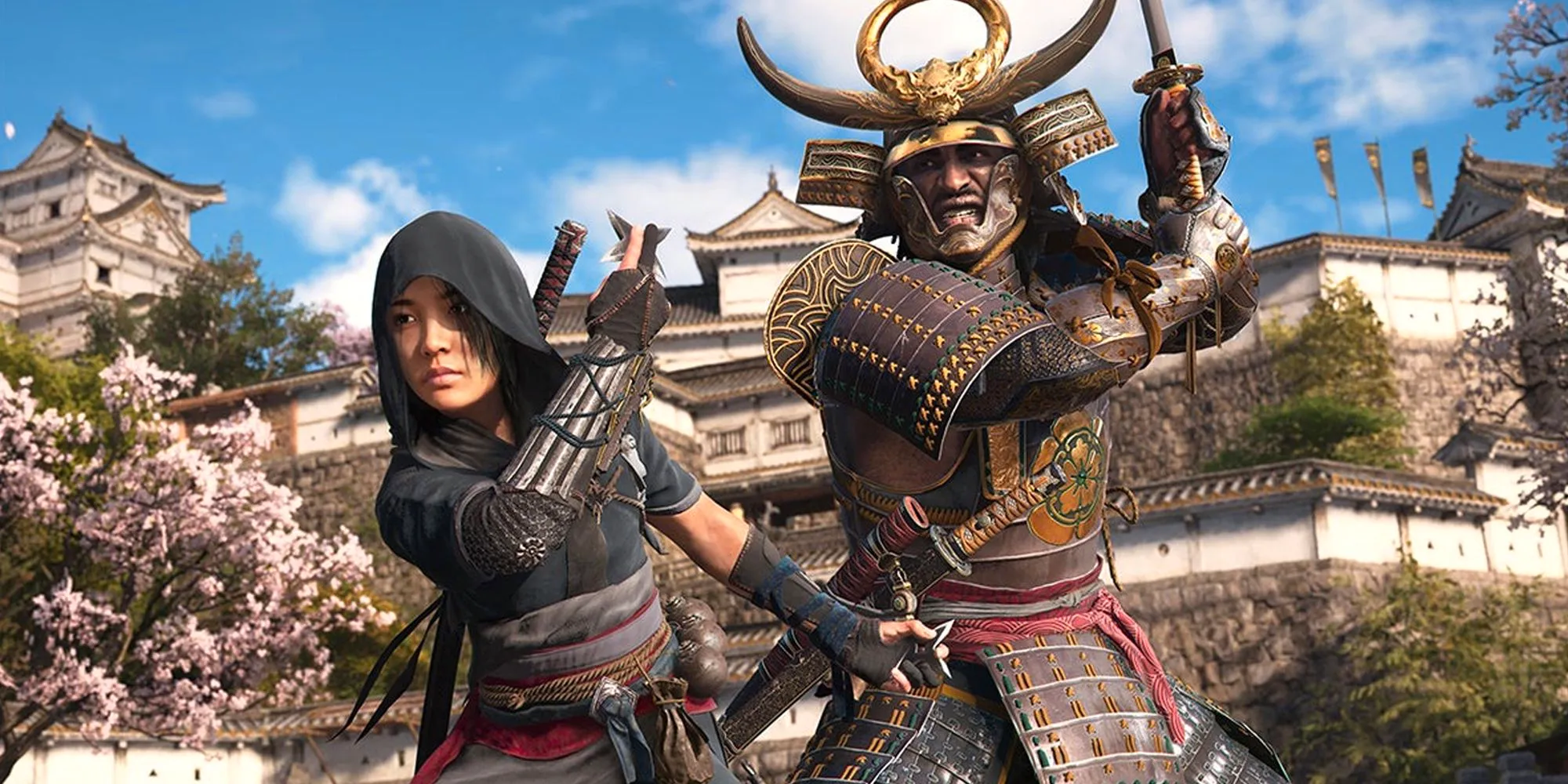 Sasuke and Naoe preparing for combat outside a Japanese fortress in Assassins Creed Shadows Image