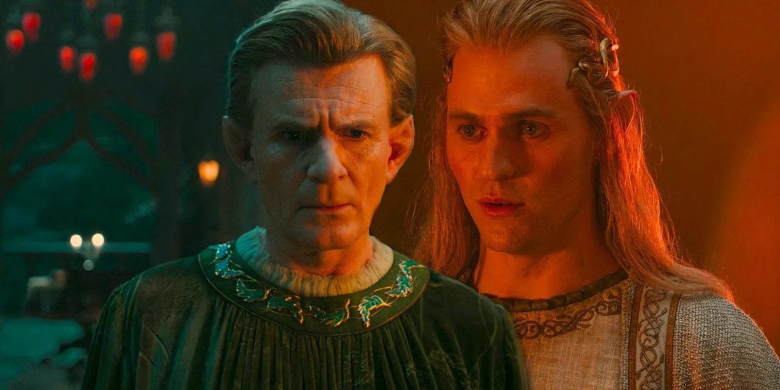 Sauron as Annatar next to Celebrimbor looking worried in The Lord of the Rings The Rings of Power Season 2 Image