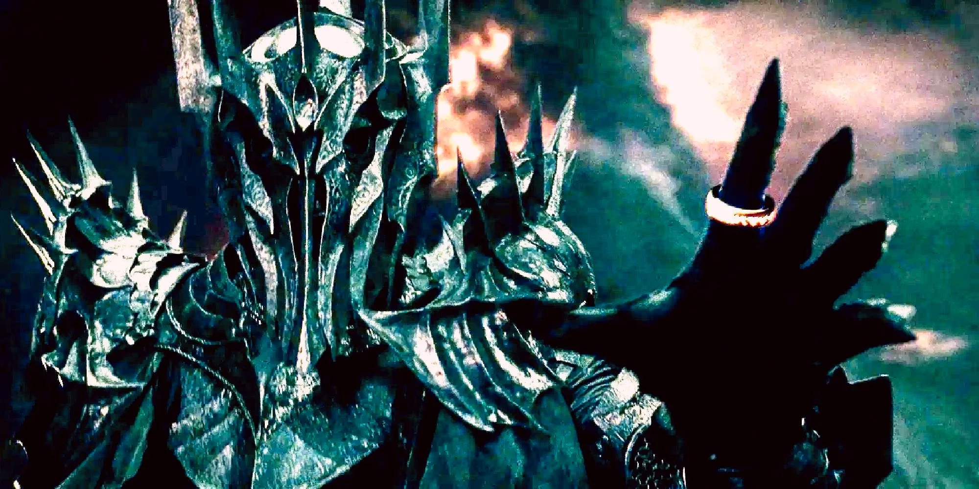 Sauron in armor and wearing the One Ring in The Fellowship of the Ring Image