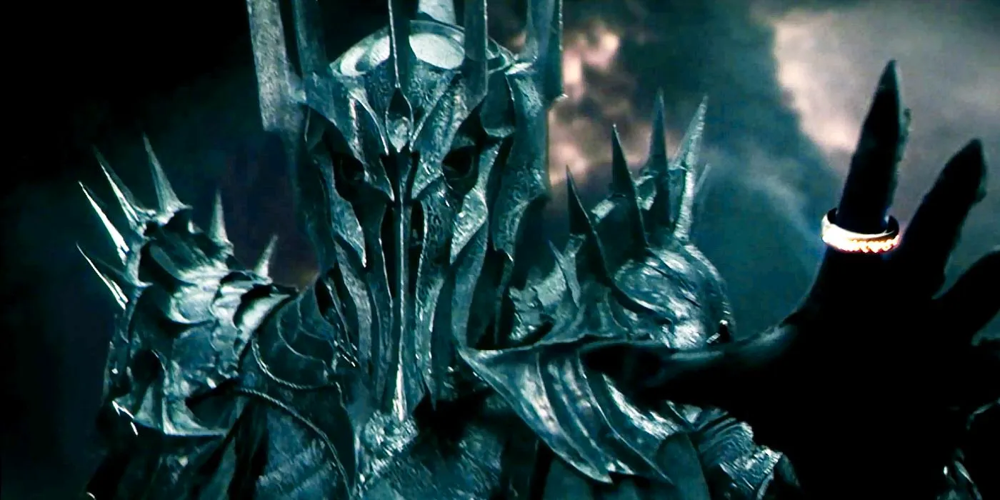 Sauron in full armor reaching forward with the One Ring on his index finger in The Lord of the Rings: The Fellowship of the Ring. Image