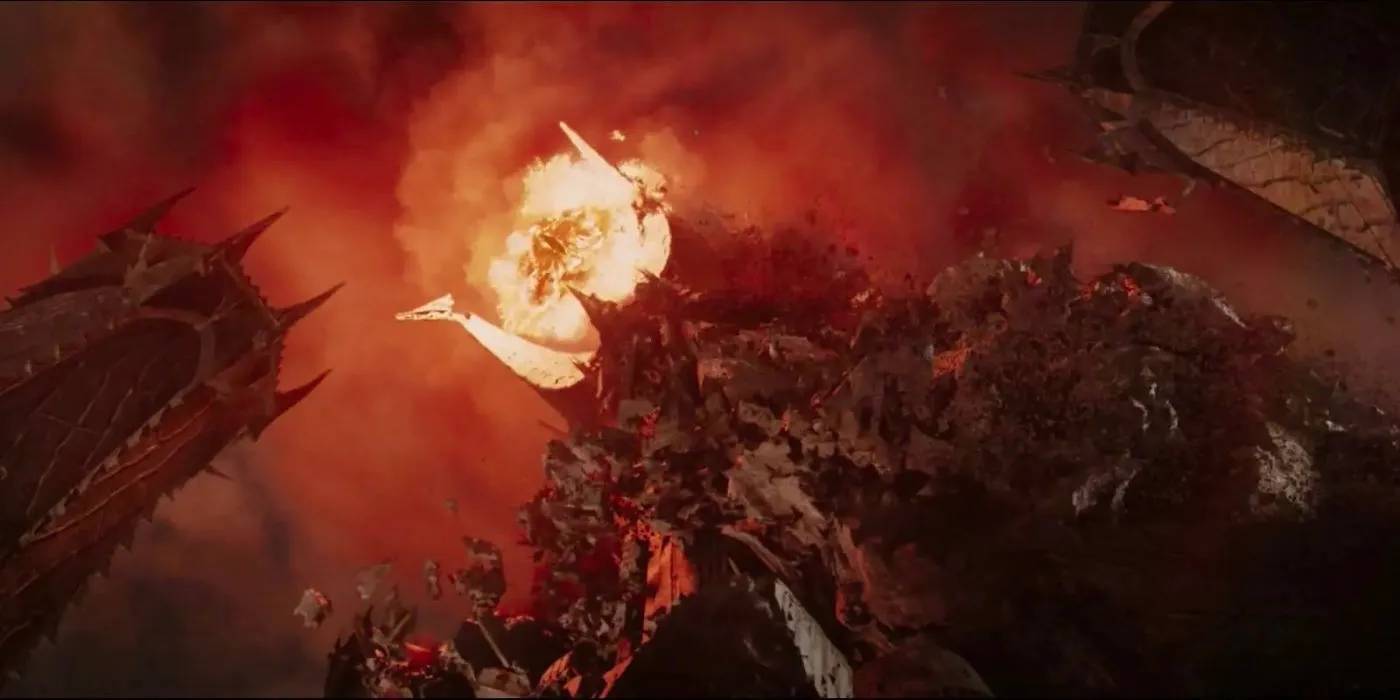 Sauron's fortress Barud-Dur collapses at the end of Lord of the Rings: The Return of the King. Image