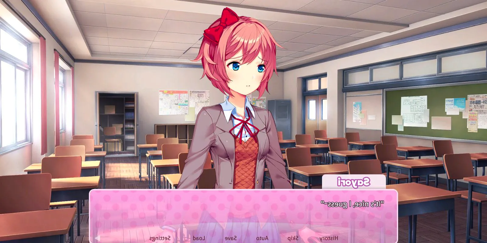 Sayori wears a shirt and tied up jacket and is not interested in Doki Doki Literature Club Plus Image