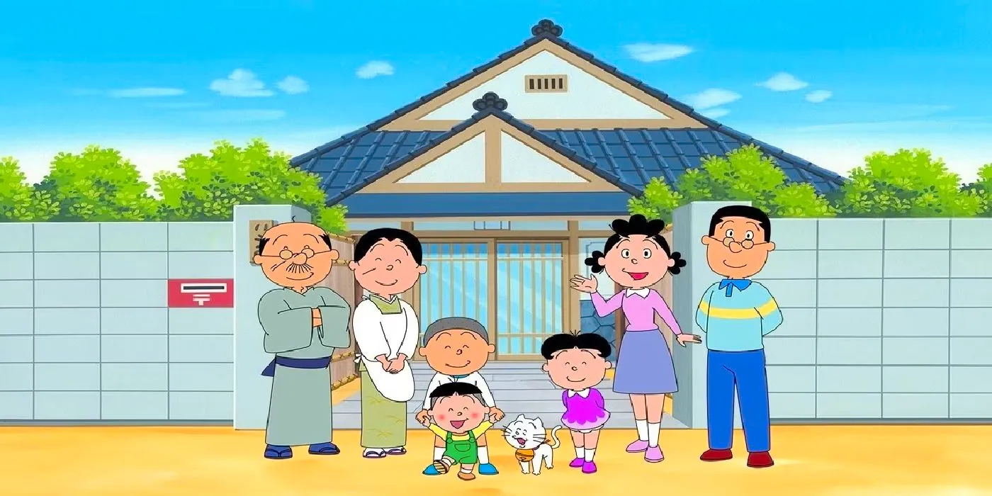 Sazae San and her family wave at the camera in front of their house Image