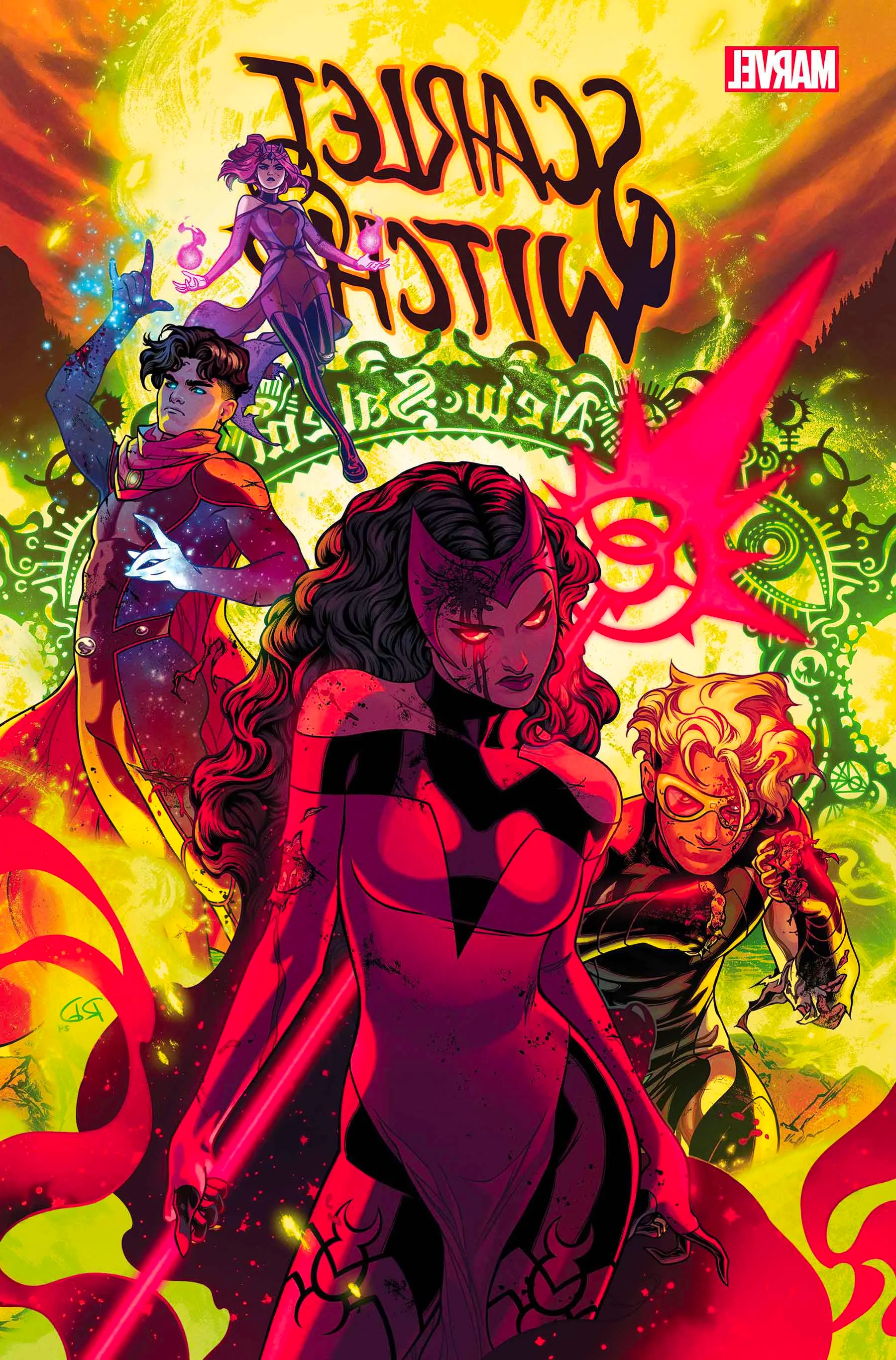 Scarlet Witch #7 2024 Russell Dauterman cover with Wanda, Wiccan, Speed, and Amaranth outside New Salem Image