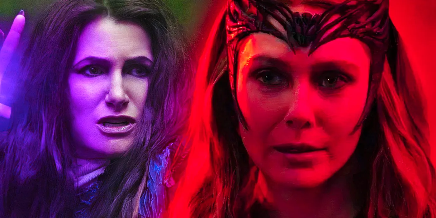 Scarlet Witch and Agatha Harkness with red and purple magic in the MCU Image