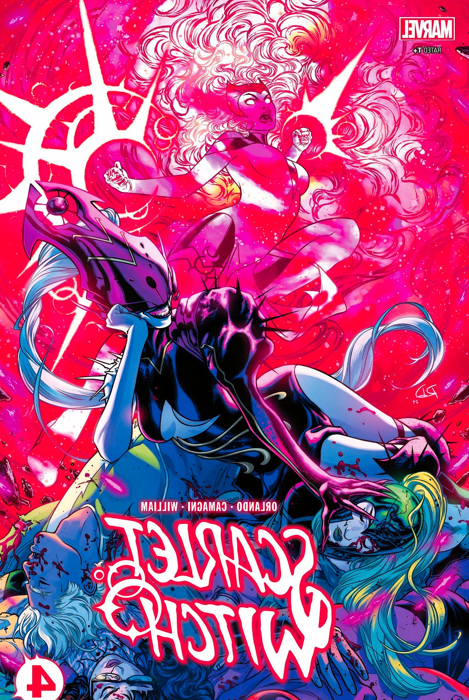 Scarlet Witch attacks the Griever as the entity stands over the bodies of Polaris and Quicksilver.  Image