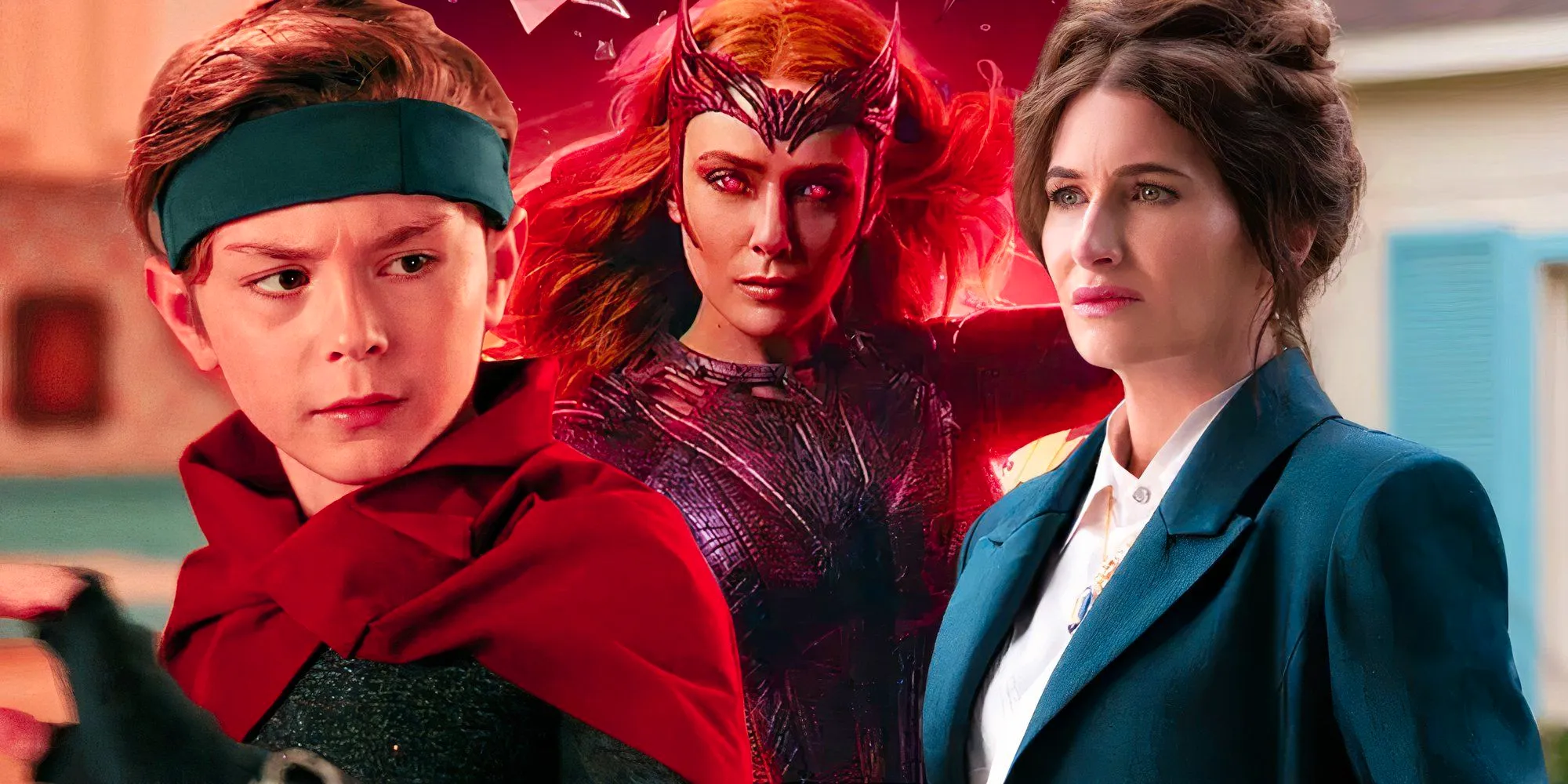 Scarlet Witch from Doctor Strange 2 (2022) between Agatha Harkness from Agatha All Along (2024) and young Billy Maximoff from WandaVision (2021) Image